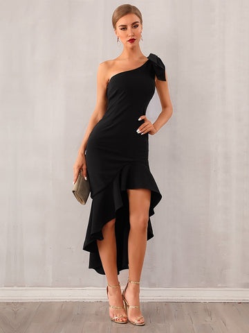 Adyce One Shoulder High low Ruffle Hem Knotted Dress