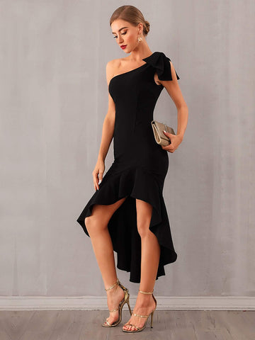 Adyce One Shoulder High low Ruffle Hem Knotted Dress