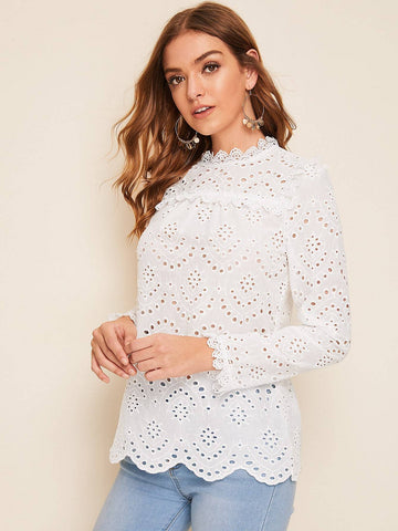 Eyelet Embroidery Scallop Edge Keyhole Back Blouse