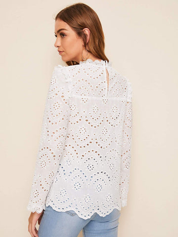 Eyelet Embroidery Scallop Edge Keyhole Back Blouse
