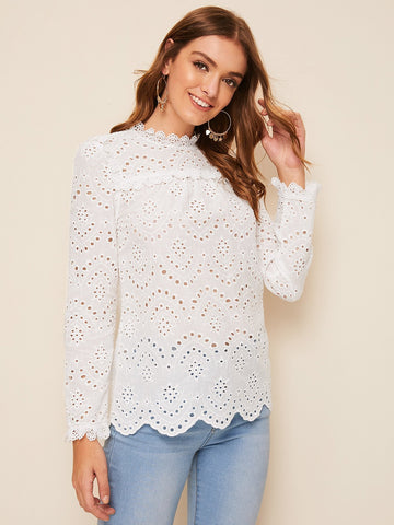 Eyelet Embroidery Scallop Edge Keyhole Back Blouse