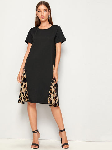 Contrast Leopard Print Tee Dress