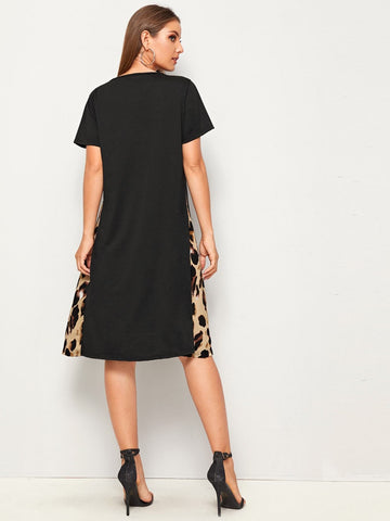 Contrast Leopard Print Tee Dress