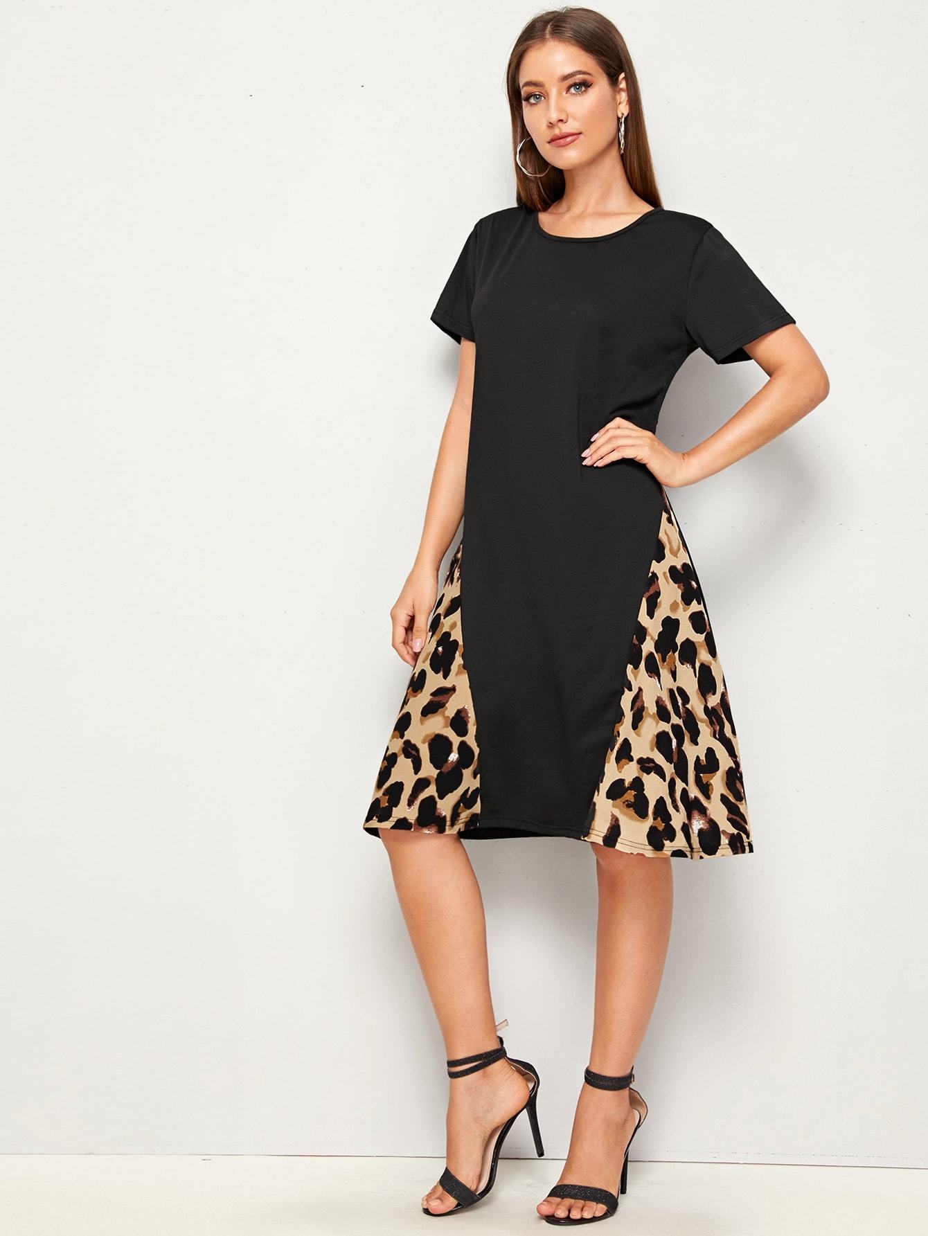 Contrast Leopard Print Tee Dress