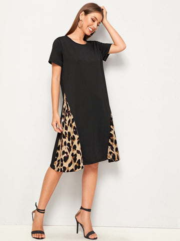 Contrast Leopard Print Tee Dress