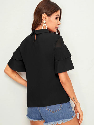 Mesh Panel Flounce Sleeve Blouse
