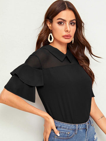 Mesh Panel Flounce Sleeve Blouse