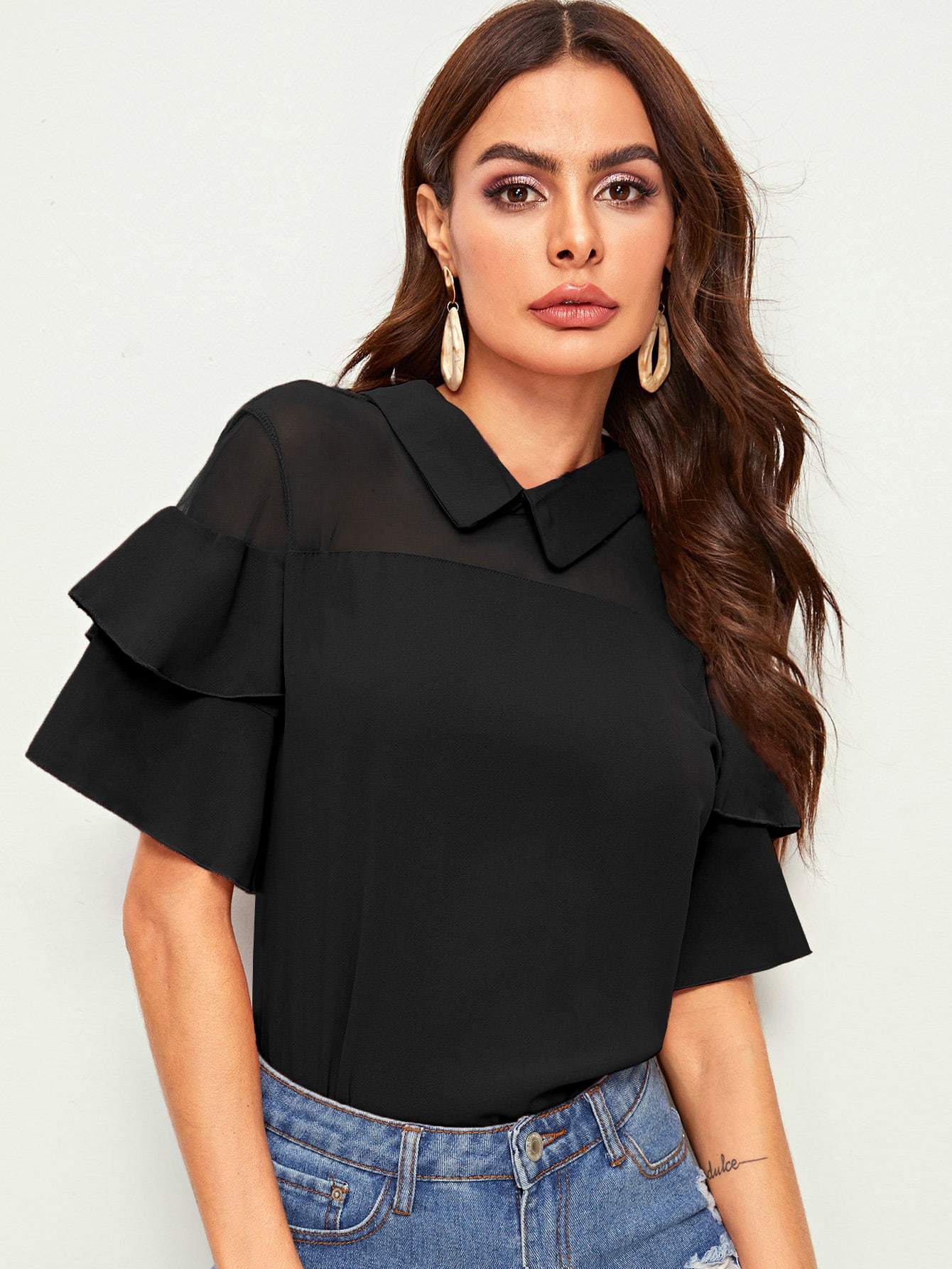 Mesh Panel Flounce Sleeve Blouse