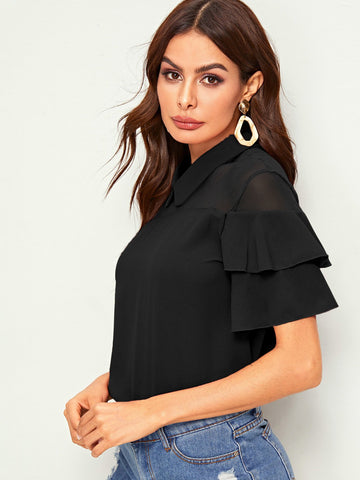 Mesh Panel Flounce Sleeve Blouse