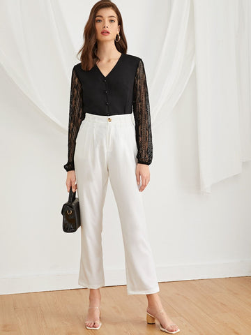 Contrast Lace Sleeve V-neck Blouse