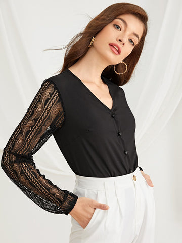 Contrast Lace Sleeve V-neck Blouse