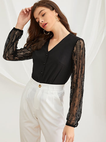 Contrast Lace Sleeve V-neck Blouse