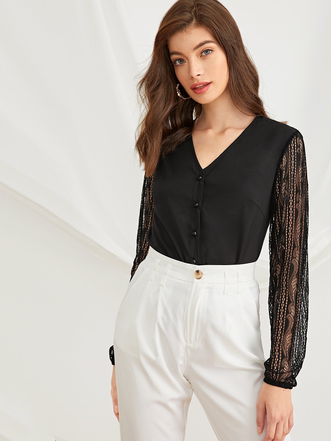 Contrast Lace Sleeve V-neck Blouse