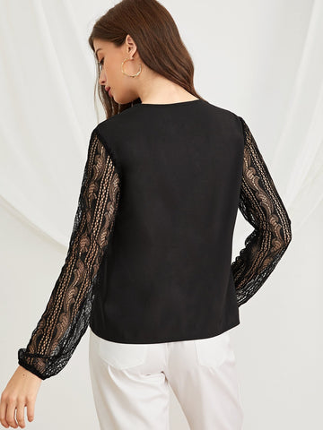 Contrast Lace Sleeve V-neck Blouse