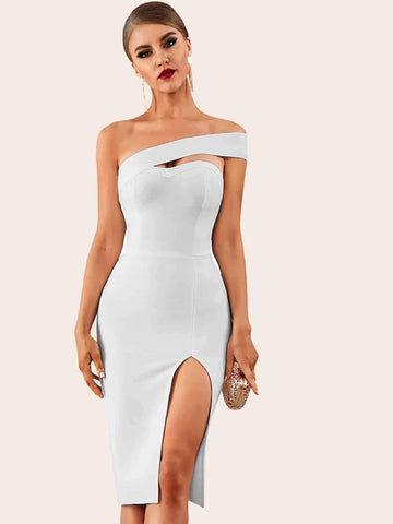 Adyce Solid One Shoulder Split Thigh Pencil Dress