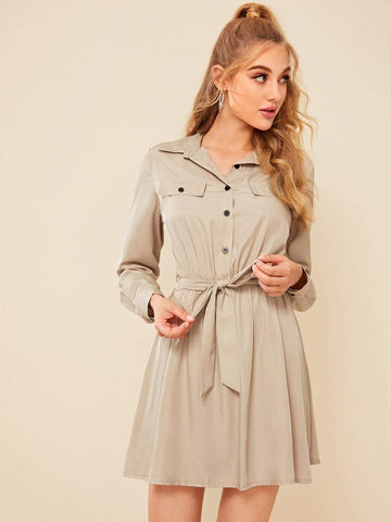 Half Button Self Tie Cargo Dress