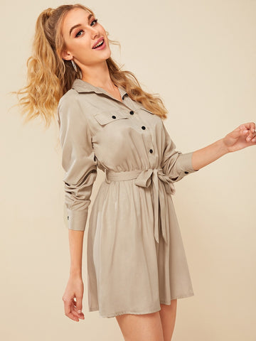 Half Button Self Tie Cargo Dress