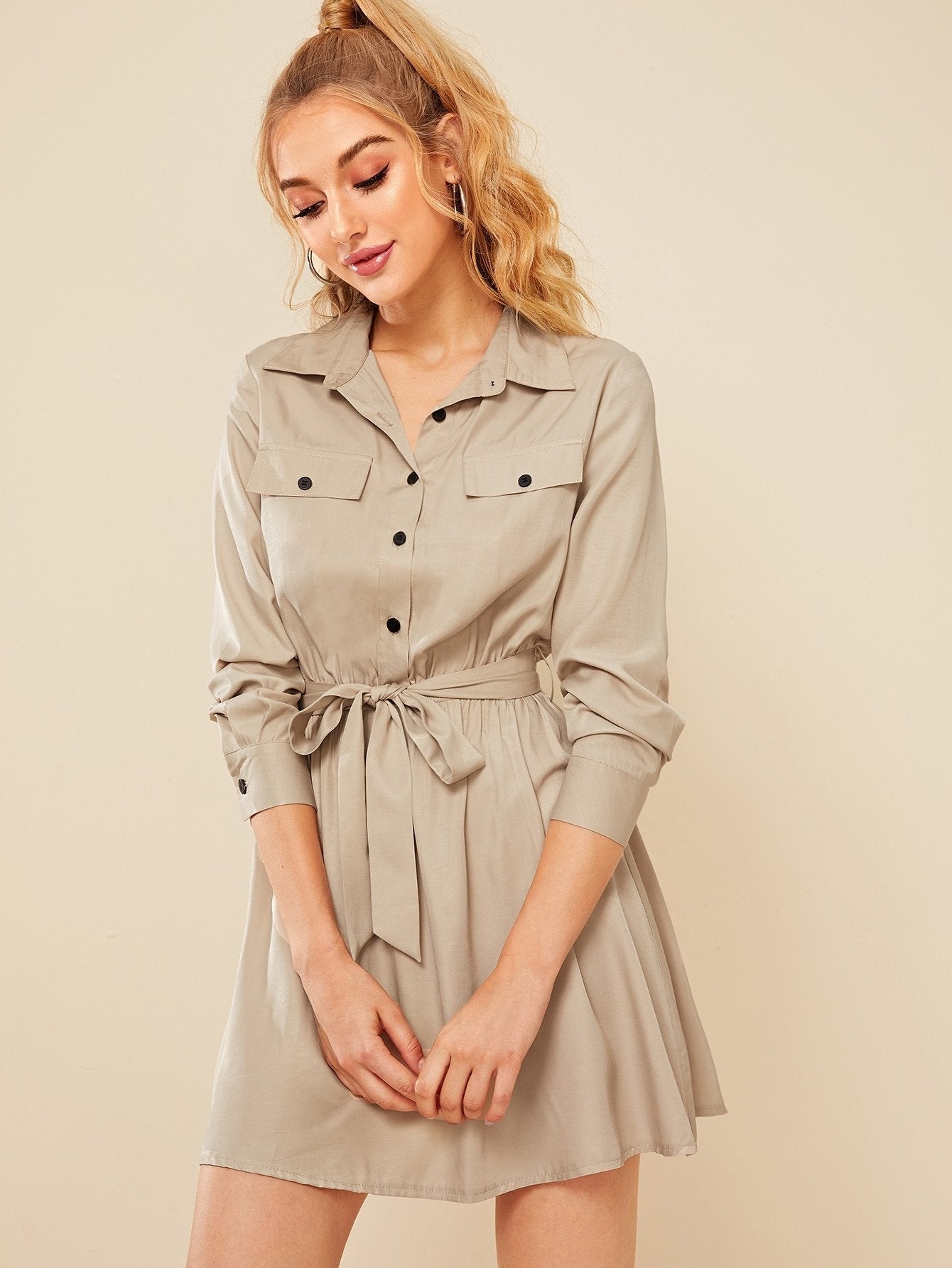 Half Button Self Tie Cargo Dress