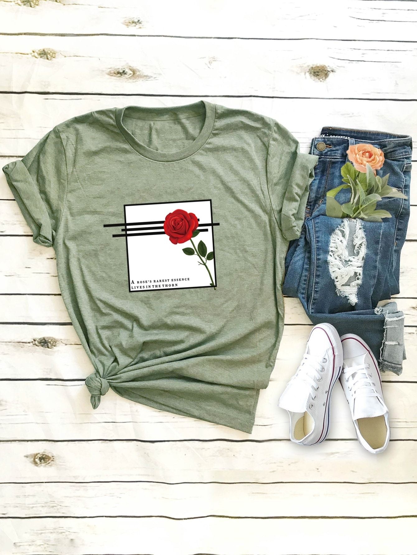 Round Neck Rose And Slogan Graphic Tee