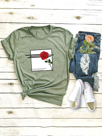 Round Neck Rose And Slogan Graphic Tee