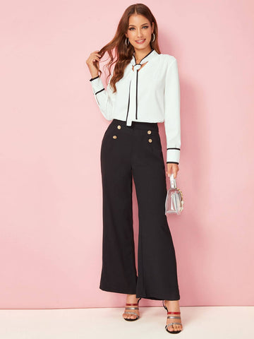 Contrast Binding Tie Neck Blouse
