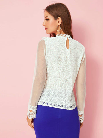 Keyhole Back Contrast Guipure Lace Blouse