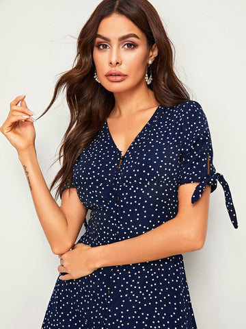 Allover Polka Dot Knot Cuff Dress