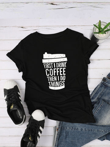 Slogan And Coffee Cup Print Tee