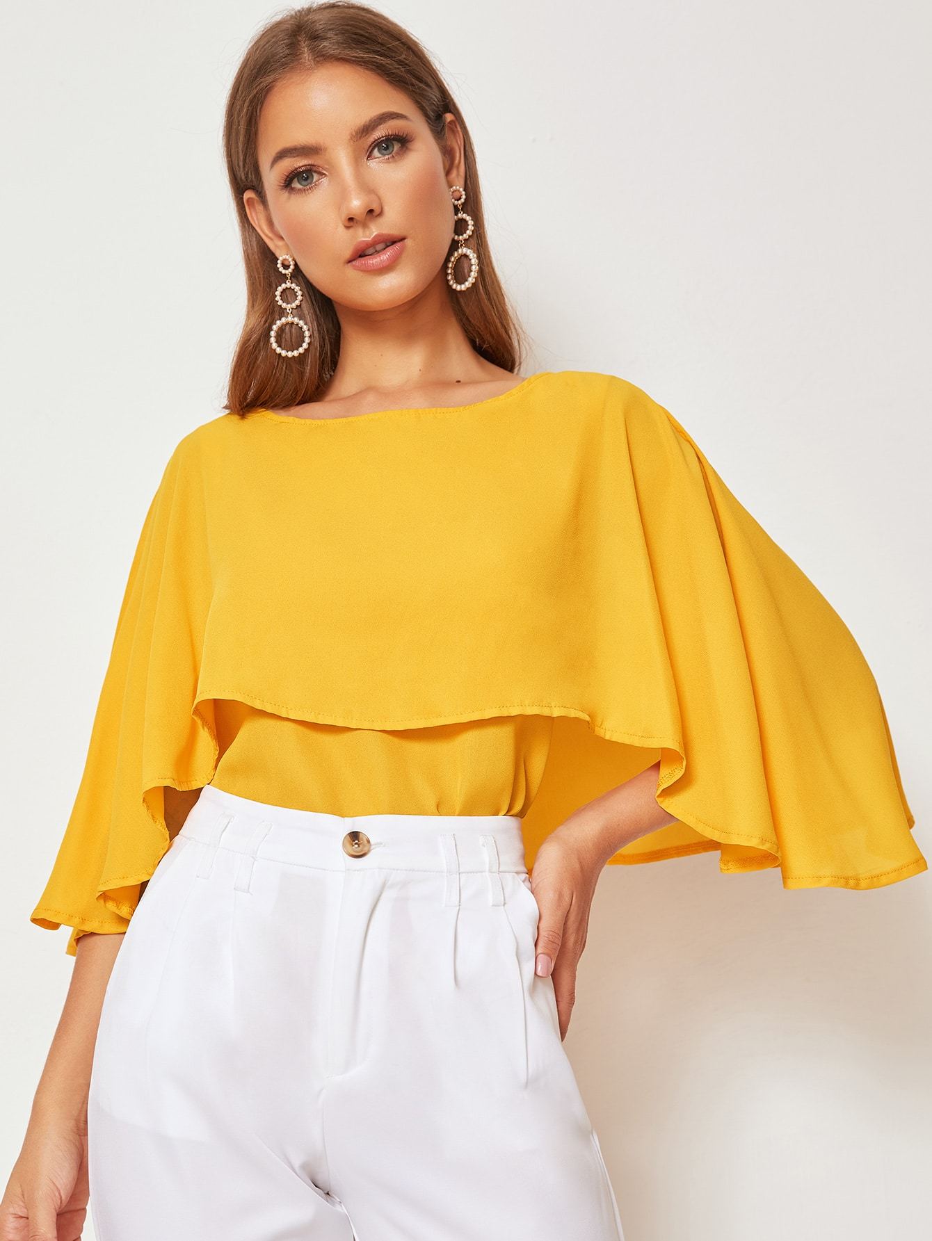 Solid Ruffle Trim Chiffon Blouse