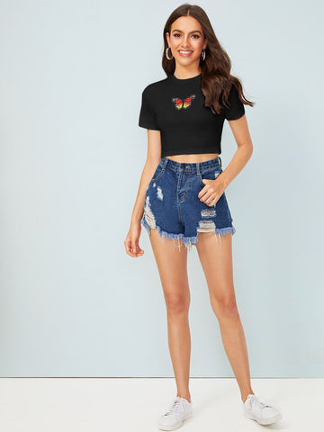 Butterfly Print Fitted Crop Top