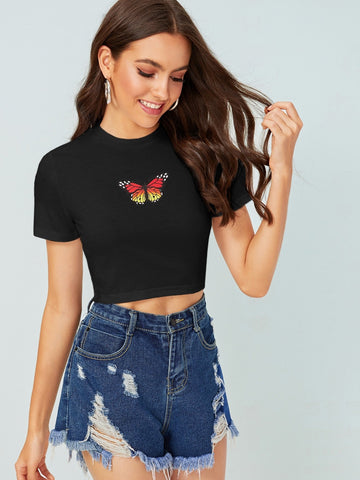 Butterfly Print Fitted Crop Top