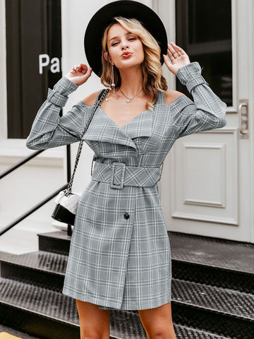 Simplee Plaid Cold Shoulder Belted Blazer Dress