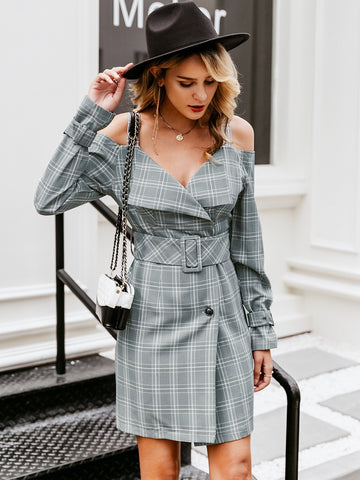 Simplee Plaid Cold Shoulder Belted Blazer Dress