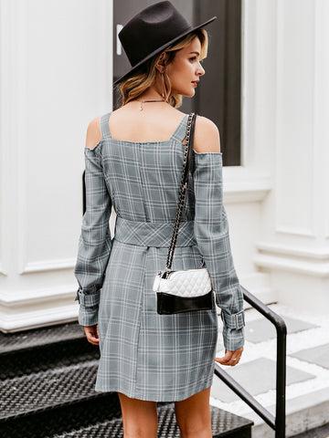 Simplee Plaid Cold Shoulder Belted Blazer Dress