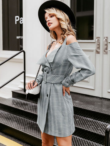 Simplee Plaid Cold Shoulder Belted Blazer Dress