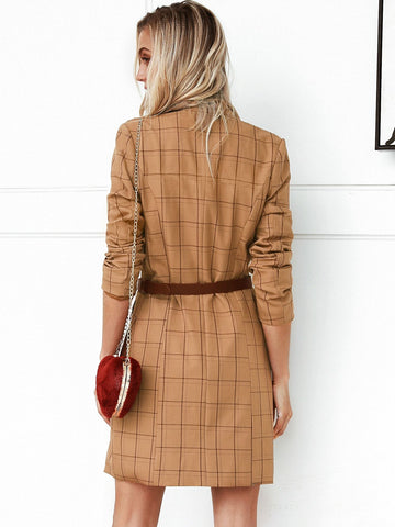 Simplee Grid Double Button Blazer Dress Without Belt