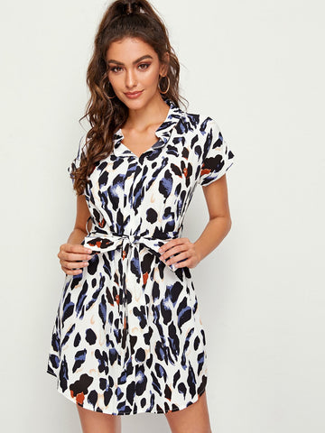 Roll Up Sleeve Belted Curved Hem Floral Print Dress