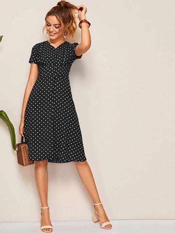 Polka Dot Button Front Shirred Waist Dress