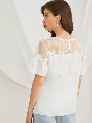 Contrast Lace Frill Flounce Sleeve Blouse