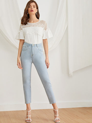 Contrast Lace Frill Flounce Sleeve Blouse