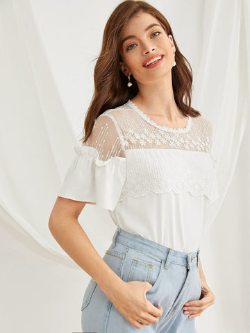 Contrast Lace Frill Flounce Sleeve Blouse