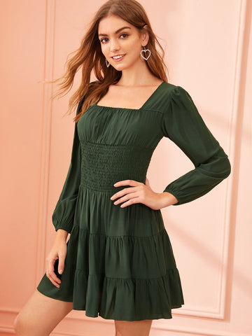 Square Neck Shirred Waist Ruffle Hem Dress