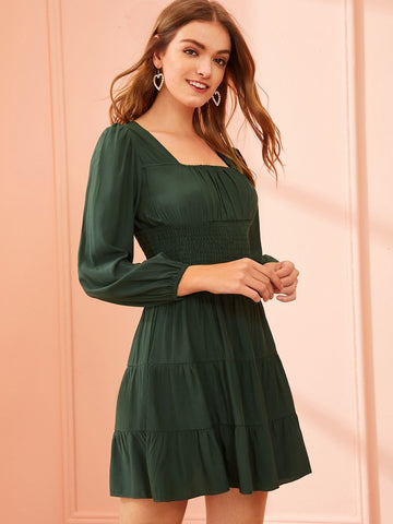 Square Neck Shirred Waist Ruffle Hem Dress