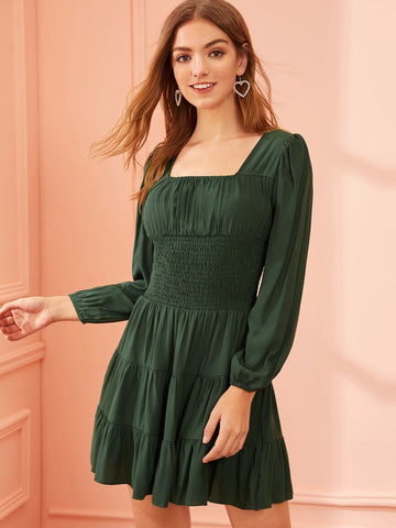 Square Neck Shirred Waist Ruffle Hem Dress