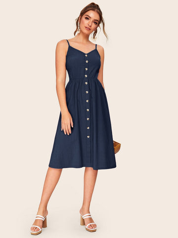 Button Front Shirred Cami Dress