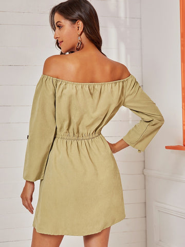 Dual Pokcet Roll Up Sleeve Bardot Cargo Dress