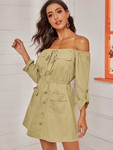 Dual Pokcet Roll Up Sleeve Bardot Cargo Dress