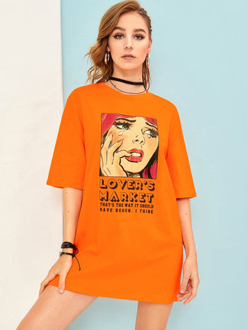 Figure & Slogan Graphic Neon Orange T-shirt Dress