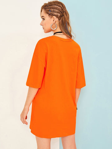 Figure & Slogan Graphic Neon Orange T-shirt Dress