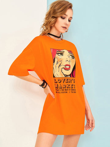 Figure & Slogan Graphic Neon Orange T-shirt Dress